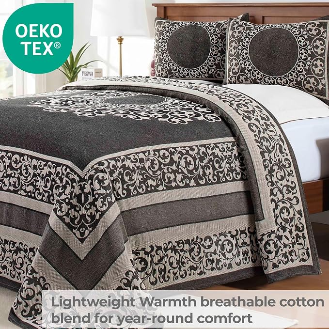 Superior Cotton Blend Bedspread Set, Includes 1 Tailored Bedspread and 2 Matching Pillow Shams, Lightweight Blanket, Bedding Decor, Jacquard Vintage Floral Mandala, Lyron Collection, King, Charcoal