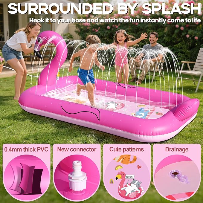 FluSing Splash Pad for Toddlers, Flamingo Splash Pad Sprinkler for Kid, Thicken Sprinkler for Kids Outdoor Water Toy Play Mat, Inflatable Splash Pad for Kids, Backyard Summer Toddler Sprinkler Pool