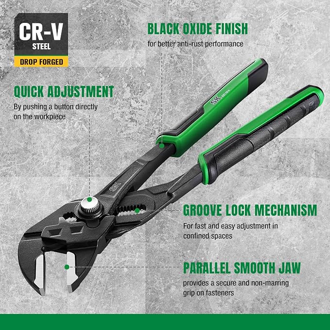 SK 4-Piece Pliers Wrench Set, Adjustable Parallel Smooth Jaw Pliers, 6-Inch, 7.5-Inch, 10-Inch, 12-Inch, Premium CR-V Construction, with Rolling Pouch