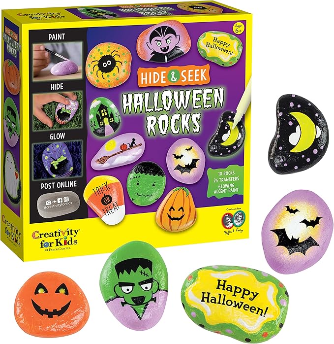 Creativity for Kids Hide & Seek Halloween Rocks | DIY Rock Painting Kit with Glowing Transfers | Fun Halloween Activities & Gifts (Ages 6+)
