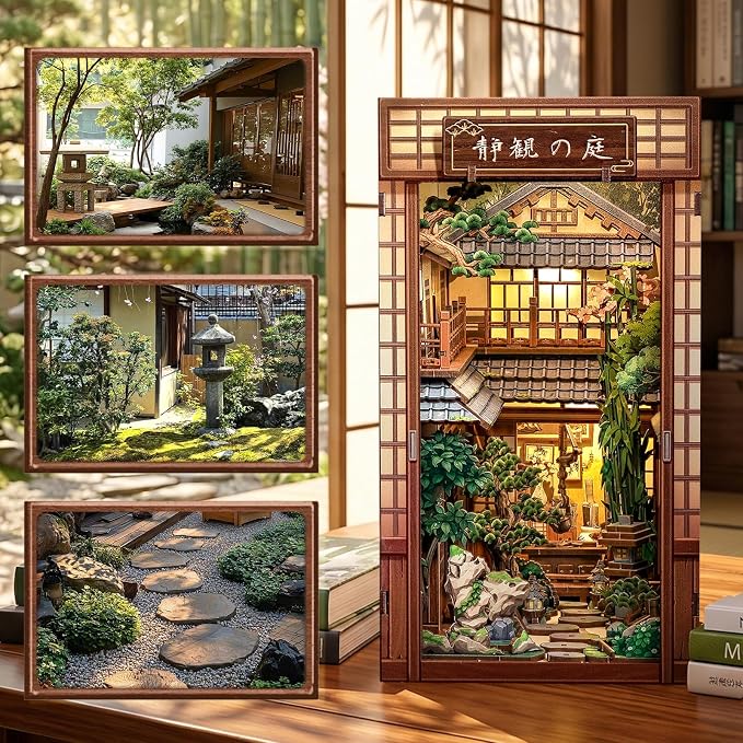 CUTEBEE Book Nook Kit - DIY Miniature House Japanese Zen Diorama Kit, Dollhouse Booknook for Adults, Tiny House Bookshelf Decor 3D Wooden Puzzle Gifts (Serene Courtyard)
