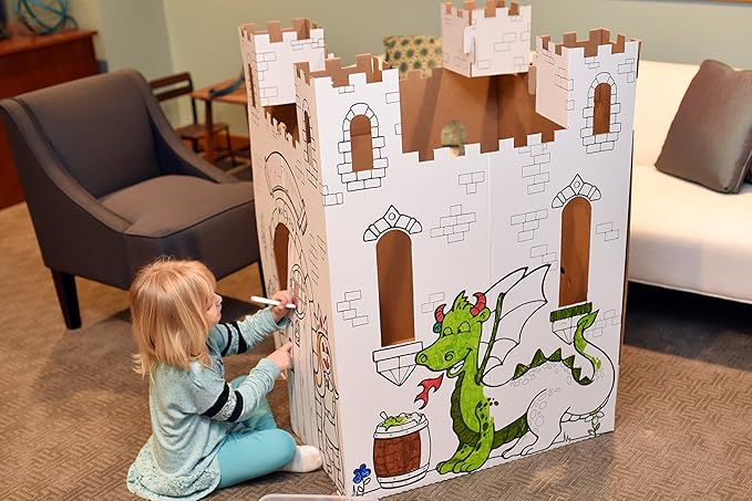 Easy Playhouse Fairy Tale Castle - Kids Art and Craft for Indoor and Outdoor Fun, Color, Draw, Doodle – Decorate and Personalize a Cardboard Fort, 32" X 32" X 43. 5" - Made in USA, Age 3+, White