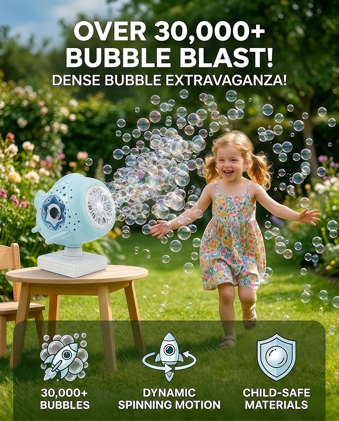 Bubble Machine for Kids, Rechargeable 30000+ Bubbles Maker Blower with 360° Rotating Base & LED Lights, Outdoor Toy for Toddlers Boys Girls Age 3+ for Weddings, Birthday Parties, Garden