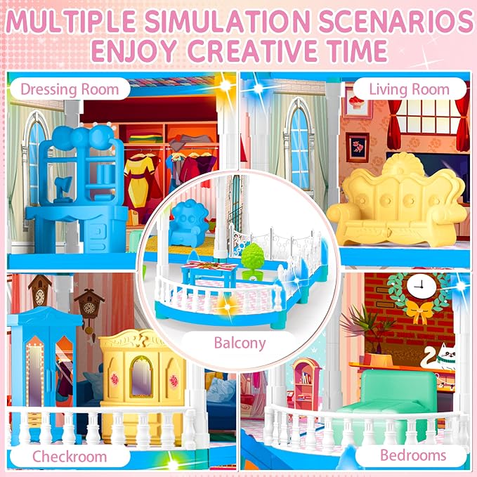 Seifar Doll House for Girls,10 Rooms Blue House Toy with Doll Figures, Puppies, Lights, Furnitures, Accessories, Kids Playhouse Gift for for 3 4 5 6 7 8 9 10 Year Old