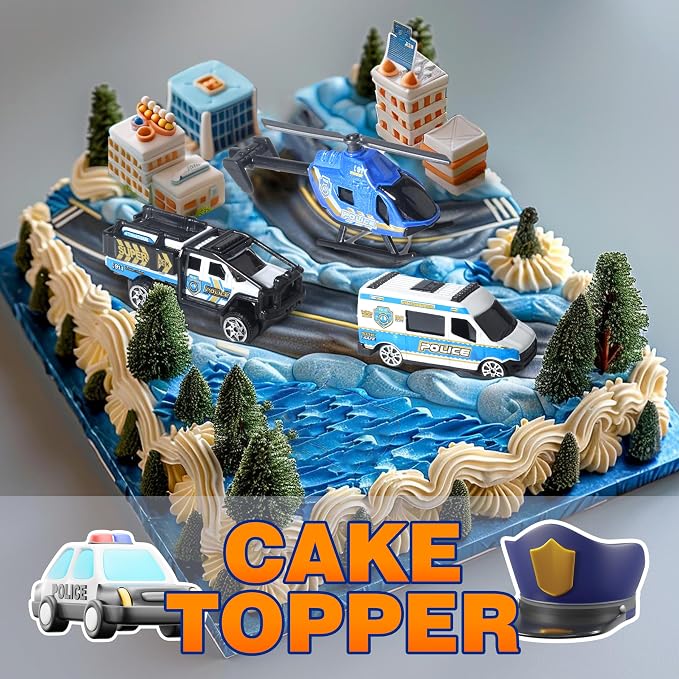 Oriate 6 PCS 1:64 Die-Cast Police Car Toys & Emergency Vehicles Set - Include Helicopter, Tow Truck Toy, ATV - Cake Topper, Police Cars Party Favors, Birthday Gift for Boys Girls Ages 3 4 5 and Above