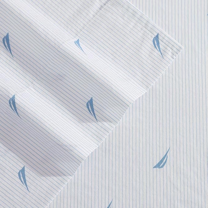 Nautica - Twin XL Size Sheet Set, Crisp & Tailored Cooling Sheets with a Smooth Cotton Percale Lightweight Feel - Bed Sheets with Matching Pillowcase & Fitted Sheet (Boat Stripe Pale Blue)