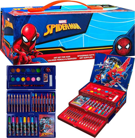 Marvel Art Case for Kids with Colored Pencils Markers Crayons Watercolors Drawing Supplies Travel Art Kit Gifts for Kids (Multicolor Spiderman)