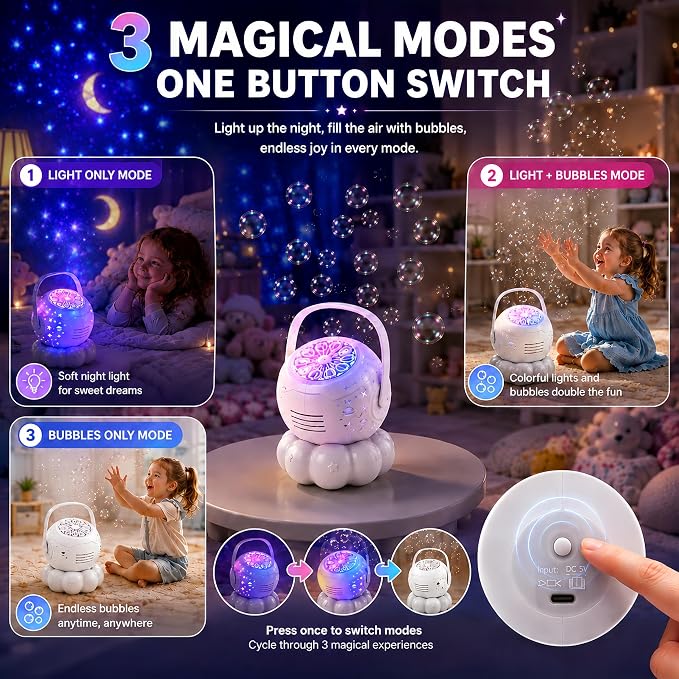 Bubble Machine for Kids, 3-in-1 Rechargeable Bubble Maker with 7 Night Light Star Projector, 30000+ Bubbles/Min, 600ml Large Capacity Electric Bubble Blower Toy for Weddings, Birthday Parties