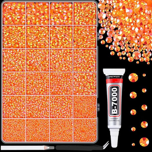 25000Pcs Resin Rhinestones for Crafting, Orange AB 2-6mm Mixed Sizes Non Hotfix Flatback Gems with 1Pcs Glue, Bedazzling Crystal for DIY Craft Clothing Mugs Tumblers Shoes Fabric Decor Nail Art