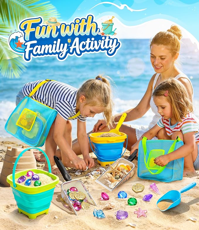 DISHIO Beach Toys for Kids, 24 Pcs Metal Sand Sifter & Collapsible Beach Buckets Set, Stainless Steel Sand Shovel, Sandcastle Building Kit with Mesh Bag, Travel Sand Toys for Toddlers Age 3-10