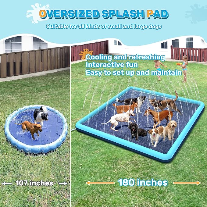 180" Jumbo Splash Pad for Dogs, Non-Slip, Rantangle Splash Pad for Kids Ages 4-8,Giant Splash Pads for Toddlers 1-3, Dog Sprinkler Shallow Pool, Outdoor Water Toys for Backyard, Teal