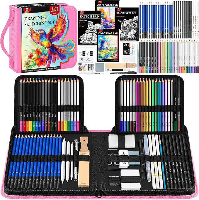 133 PCS Art Supplies Sketching Kit, Pro Drawing Pencils with Sketchbook, Coloring Book, Watercolor Pad, Black Paper Pad, Colored Graphite Charcoal Watercolor & Metallic Pencils for Artists Adults