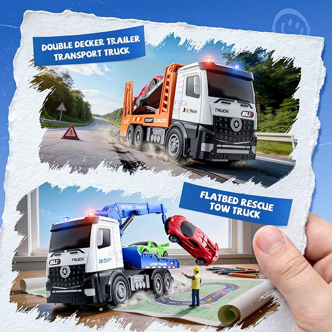 ORANGE OCEAN Tow Truck Toys for 2 3 4 Year Old Boys, 4 Pack Dump Crane Tow Truck Toy with Light & Sound, Trucks for Toddlers 2-4 Years, 2 3 4 Year Old Boy Toys, Birthday Gifts for 2 3 4 Year Old Boys