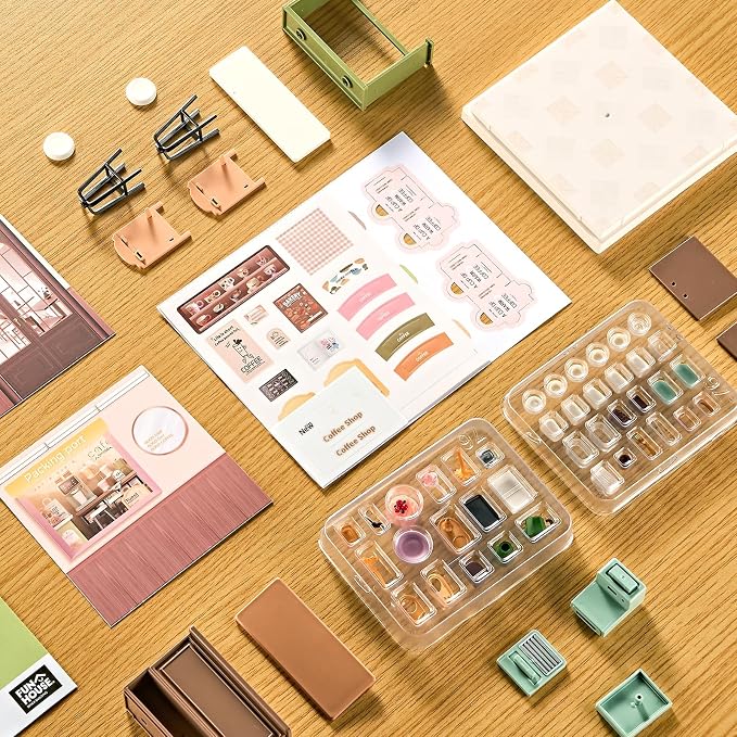 Miniature Coffee Shop DIY Kit with Acrylic Display Case – Collectible Café Dollhouse Room, Tool-Free Mini House Craft for Teens, Adults & Beginners