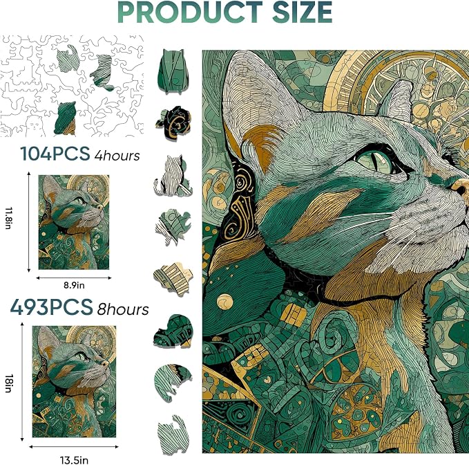 Mocfesk Wooden Puzzles for Adults, Cat Jigsaw Puzzles, Unique Shaped Animal Jigsaw Puzzles for Adults and Kids, Birthday Gifts Fun Challenge Family Game 13.5 x 18 in
