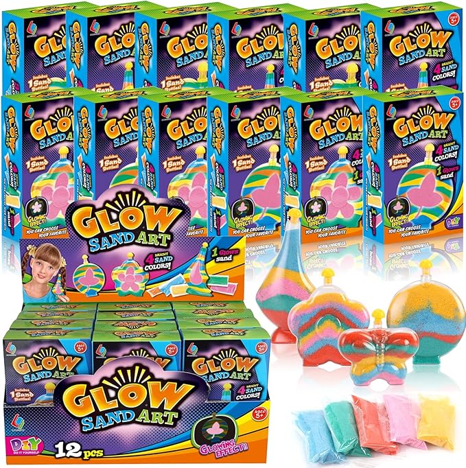 Create Your Own Magic Sand Art Glitter Activity | Glow in the Dark Colored Custom Sand Kits for Kids - Includes 12 Bottles, Funnels, Sticks, 60 Bags of Colorful Sand | DIY Arts and Crafts (12 Pack)