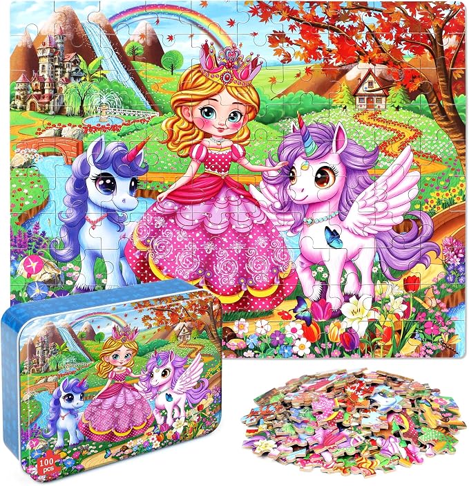 MZZOTOY Princess and Unicorns Puzzles for Kids Ages 4-8, 100 Pieces Jigsaw Puzzles for Kids Ages 3-5 Puzzle for Girls and Boys Learning Educational Puzzles Toys in a Metal Box