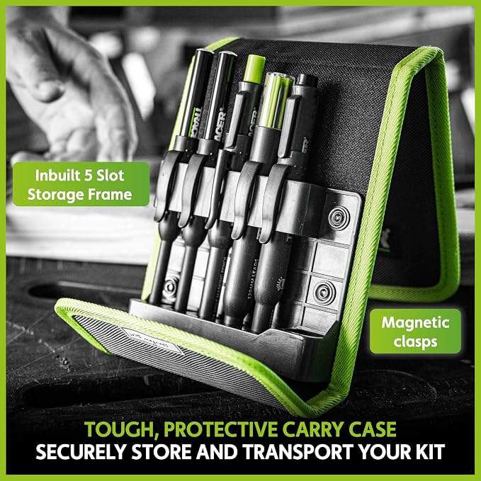Tracer 5 Piece Construction Marker Kit - Deep Hole Carpenter Pencil Set with 2 Deep Hole Marking Pens, Heavy Duty Clog-Free Marker, 2.8mm Replacement Leads & Storage Case for Woodworking Tools