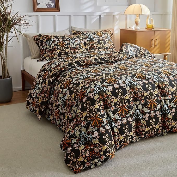 LifeTB Queen Comforter Set Vintage Paisley Floral Comforter Set with Flowers Leaves Pattern Fluffy Soft Vibrant Bohemian Floral Bedding Set Cottagecore Botanical Flowers Comforter with 2 Pillow Shams
