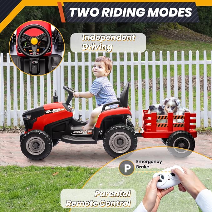 JOYRACER 24V Ride On Tractor for Kids, Ride on Toys w/400W Motors, Tiltable & Detachable Trailer, Adjustable Seat, Bluetooth, Music, Remote Control Electric Tractor Car for Kids, Red