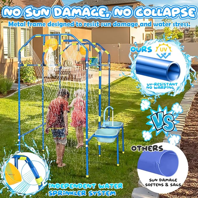 Water Park Sprinkler Toy for Kids, Heavy-Duty Steel Backyard Waterpark Splash Game with Shooting Toys, Splash Buckets, Water Table & Faucets, Water Play Activities Outdoor Summer Fun