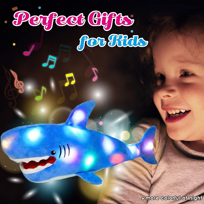 Light-up Singing Plush Shark LED Musical Stuffed Animal Adjustable Volume Lullaby Plushies Birthday Christmas Toy Gifts for Kids Toddler Girls, 13"