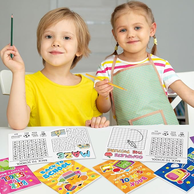 Back to School Activity Books for Kids - 24Pcs First Day of School Mini Games Coloring Book Set Bulk Mazes Word Search Word Scramble Games for Classroom DIY Art Gifts New School Year Party Favors