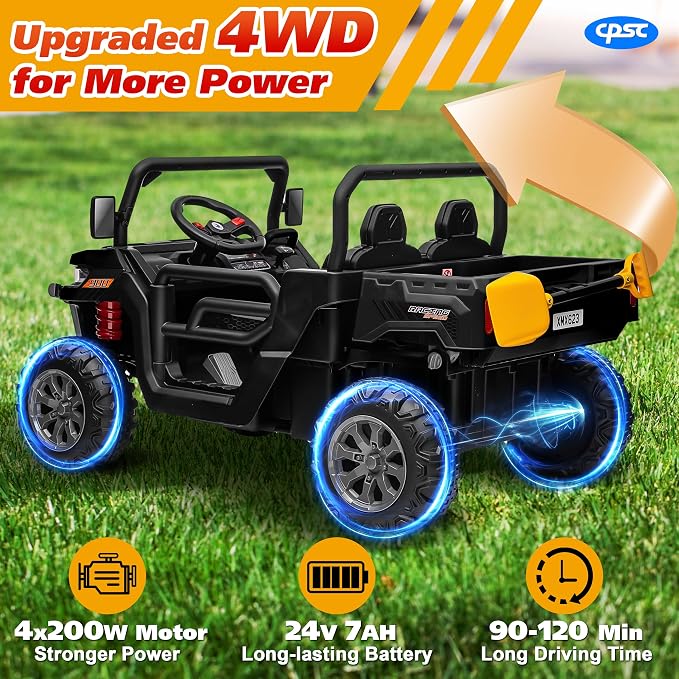 Joyracer 4WD 24 Volt Ride on Toys, 800W Ride on Truck for Kids, 2 Seater Power Car Wheels w/Dump Bed & Shovel, Ride on UTV w/Remote Control, Bluetooth, LED Lights, Black