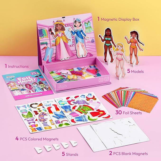 JOVA Klever Kits Foil Magnet Dress-Up Kit, 2-in-1 Fashion DIY Craft for Kids Paper Dolls for Girls Ages 4 5 6 7 8 9 Travel Activity Birthday Gifts with Display Box