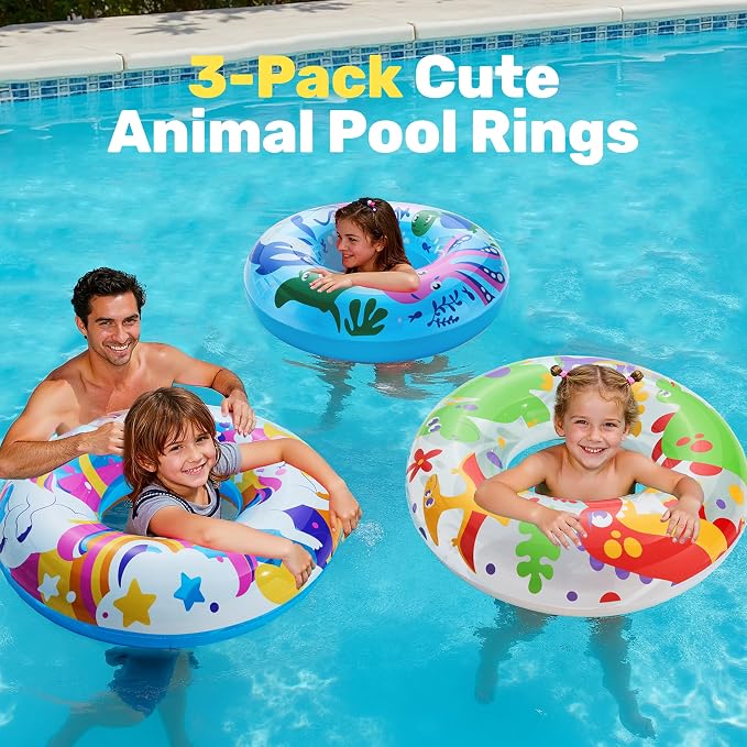 JOYIN 3 Pack Pool Floats, Pool Tube for Kids Swim Rings Inflatable Tubes, Unicorn Sea Animal Tubes Floatie Ring Water Toys for Swimming, Summer Beach Party