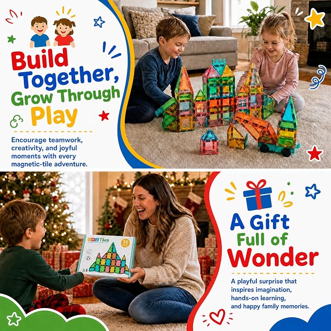 Magnetic Tiles,Magnet Building Blocks Construction Stacking Educational Toy Creative Playboard for Kids Ages 3+ (032 Pieces)
