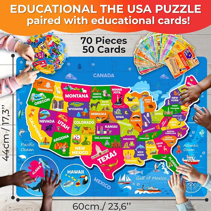 United States Puzzles for Kids Ages 8-10 - 70 Pcs Jigsaw Floor USA Map Puzzles for Kids Ages 6-8 - Includes 50 Cards with 400+ USA Facts - US State & Capitals Educational Gift for Children 4-8