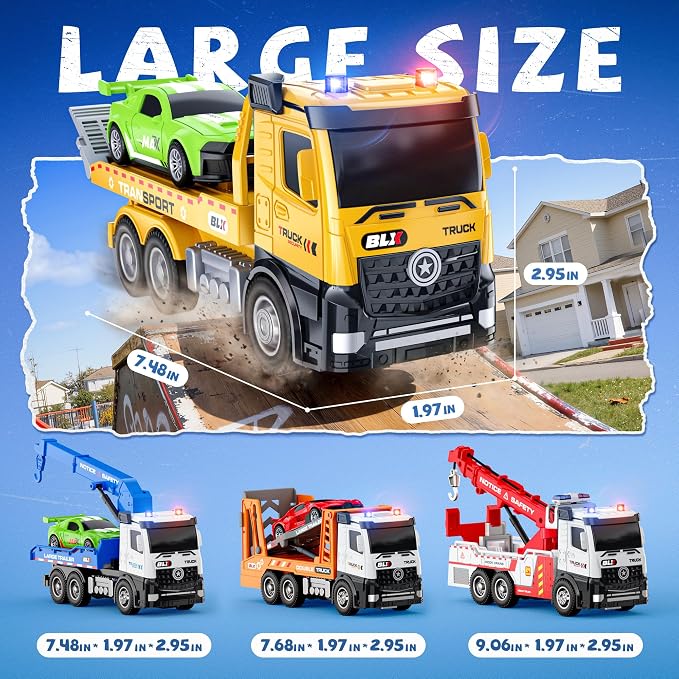 ORANGE OCEAN Tow Truck Toys for 2 3 4 Year Old Boys, 4 Pack Dump Crane Tow Truck Toy with Light & Sound, Trucks for Toddlers 2-4 Years, 2 3 4 Year Old Boy Toys, Birthday Gifts for 2 3 4 Year Old Boys