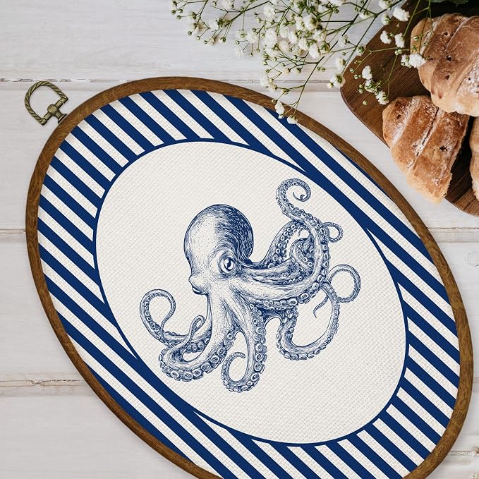 WULQYING Coastal Beach Octopus Wall Art Decor, Beach Nursery Oval Framed Canvas Art Prints, Blue Striped Ocean Octopus Wall Hanging Decor for Home Bedroom Kids Nursery Room, 8.6x11.4 Inches