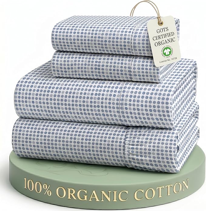 LANE LINEN Eco Friendly 100% Organic Cotton Queen Bed Sheets Set, Printed Modern Polka Dot Cotton Sheets, Soft & Comfy Low Pill Fade Resistance Fully Elasticized Queen Size Bed Set 15" deep Pockets | Queen Sheet Set, Pure Long-Staple Organic Cotton - F...