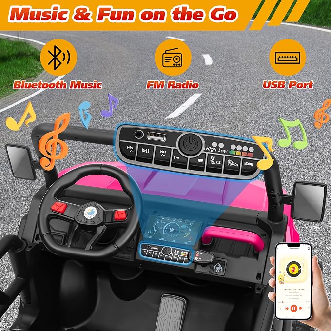 Joyracer 4WD 24 Volt Ride on Toys, 800W Ride on Truck for Kids, 2 Seater Power Car Wheels w/Dump Bed & Shovel, Ride on UTV w/Remote Control, Bluetooth, LED Lights, Pink