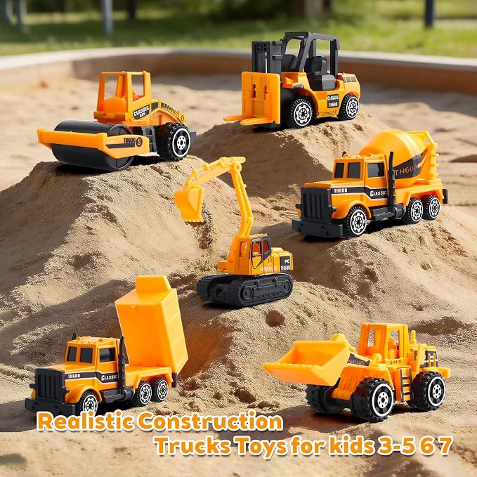 6 Pack Diecast Construction Vehicles Toys - Mini Digger Cake Toppers - Bulldozer Dump Truck Small Toy Car Set for Kids Children Boys Girls - Gifts for 3 4 5 6 7 Year Olds