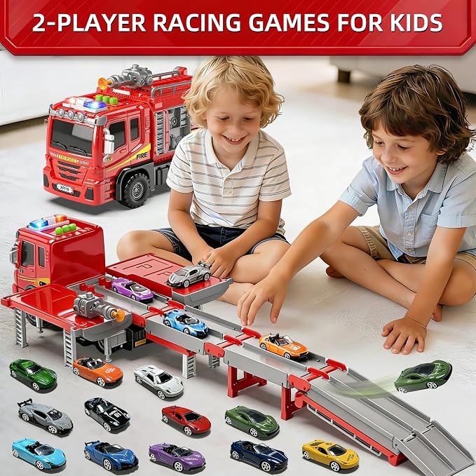 3in1 Fire Truck Toy with Foldable Race Track & 12 Diecast Race Cars Toys, Fire Trucks for Toddlers 3-5 with Lights & Sounds, Carrier Truck Car Kids Toy Gift for Age 3 4 5 6+ Year Old Boys Girls