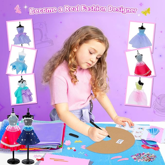 MINIFUN 800+Pcs Fashion Designer Kit for Girls, Sewing Kit with 4 Mannequins, DIY Arts and Crafts Kit for Kids, Doll Clothes Making Kit, Girl Toys for Age 6 7 8 9 10 11 12 Year Old Gifts