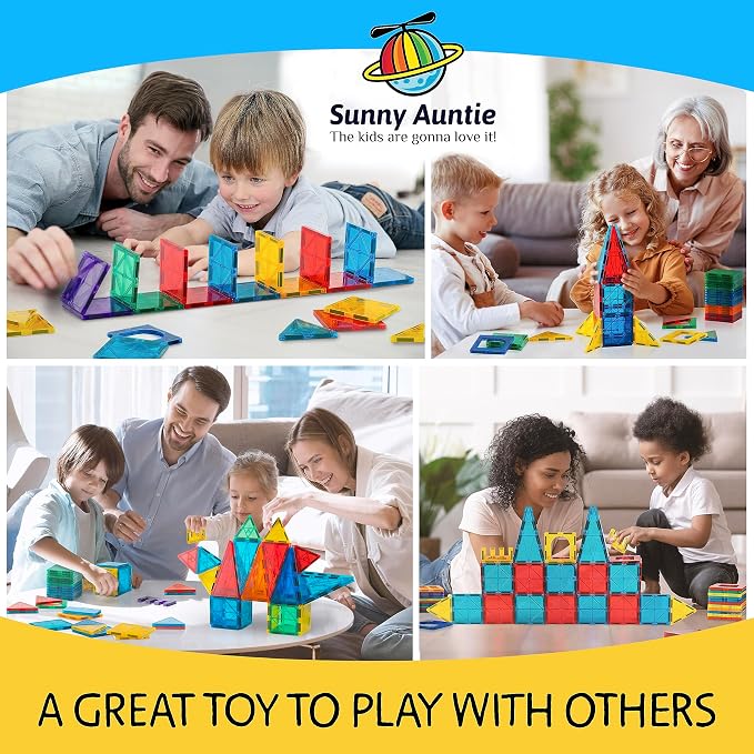 SUNNY AUNTIE Magnetic Tiles 180 PCS XL Set with Storage Bag – Magnetic Building Tiles for Kids Ages 3-8, STEM Magnet Construction Toy for Boys & Girls