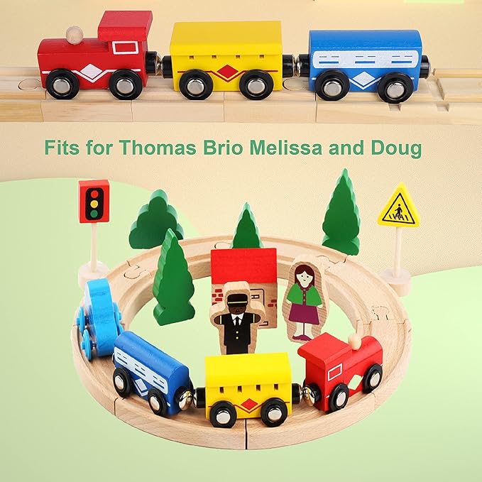 Wooden Train Tracks Toys for Toddler, 33 Pieces Magnetic Train with Wooden Tracks Fits for Thomas, Brio, Chuggington, Melissa and Doug, Rail Set Toy Gifts for 3 4 5 Years Old Girls & Boys