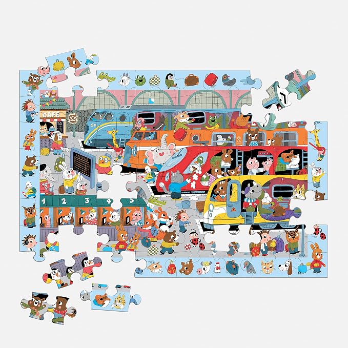 Mudpuppy All Aboard! — 64 Piece Search & Find Puzzle Jigsaw Puzzle Featuring A Busy Train Station with Adorable Animal Passengers and Over 40 Hidden Images to Find for Ages 4+