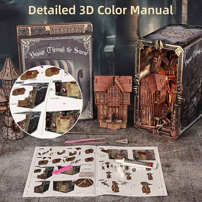 fifijoy Viking Book Nook Kit - DIY Miniature House Dollhouse Kit for Adults Teens, Booknook Tiny House Bookshelf Insert Decor 3D Wooden Puzzle, Gifts for Family, Friends (Voyage Through the Storm)