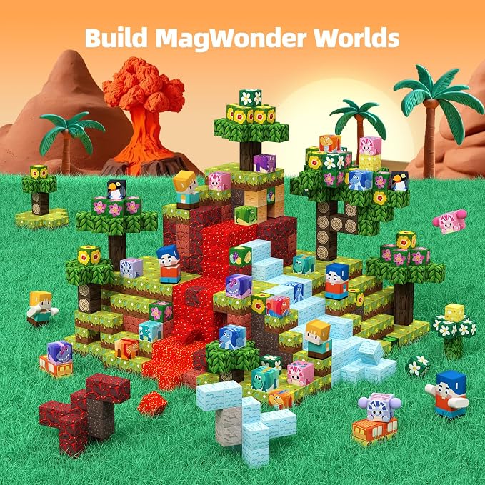 GobiDex Large Size Magnetic Building Blocks Volcano Dinosaur Set for Toddler, 100PCS Sensory STEM Toys for Kids Ages 3-5 5-7 4-8, Birthday Gifts for 3+ Year Old Boys Girls Kids (1 inch)