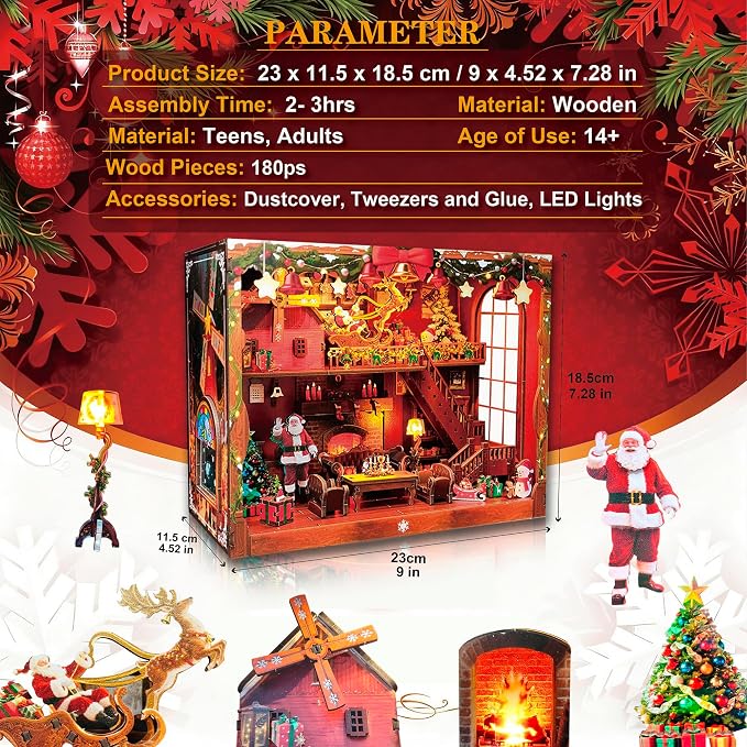 DIY Miniature House, LED Lighting Book Nook Kit Dollhouse Kit,Music Box Dollhouse, 3D Wooden Puzzle with Dust Cover,Gifts for Family, Friends,Christmas(Christmas Carnival)