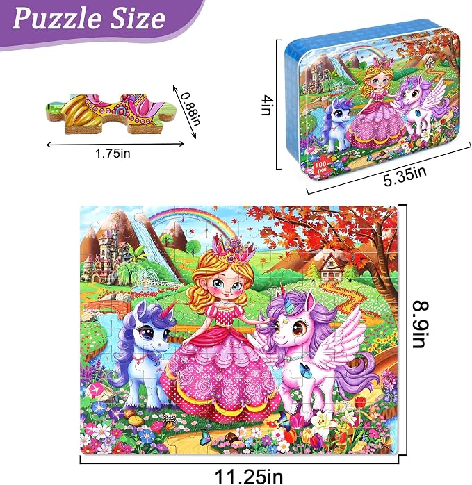 MZZOTOY Princess and Unicorns Puzzles for Kids Ages 4-8, 100 Pieces Jigsaw Puzzles for Kids Ages 3-5 Puzzle for Girls and Boys Learning Educational Puzzles Toys in a Metal Box