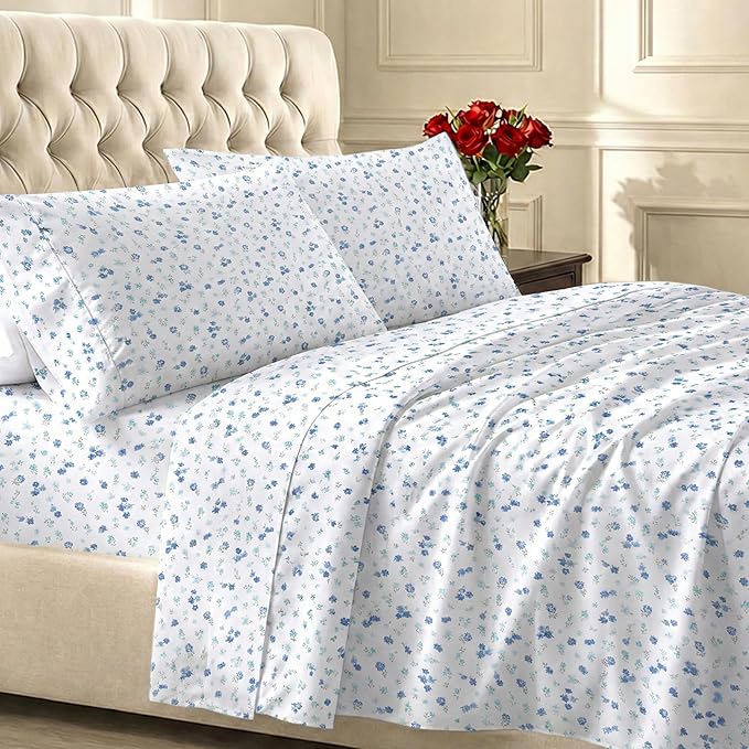 California Design Den Soft Twin Size 100% Cotton Sheet Sets, 400 Thread Count Good Housekeeping Award Winner, Smooth Sateen Finish, Cozy and Durable Twin Bedding Set - Floral White/Blue
