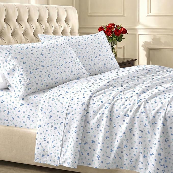 California Design Den Soft Queen Size 100% Cotton Sheet Sets, 400 TC Good Housekeeping Award Winner, Smooth Sateen Finish with Deep Pockets, Cozy and Durable Queen Bedding Set - Floral White/Blue