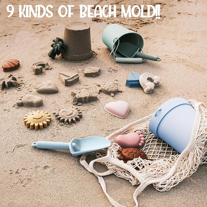 Hungdao 14 Pcs Silicone Beach Toys Travel Beach Set Sand Toys Include 2 Silicone Bucket Pail, 2 Shovel, 9 Sand Molds, 1 Beach Bag for Boys Girls Summer Pool Outdoor Bath Toys (Blue, Green)