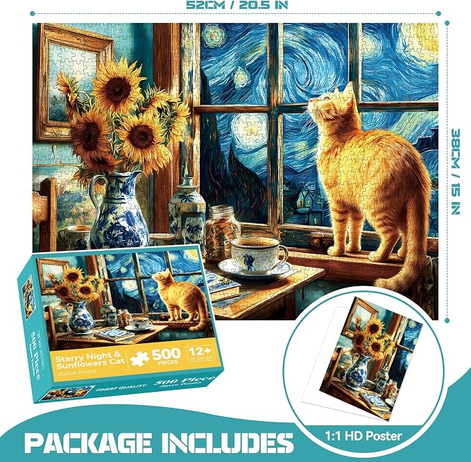 EIYRURU 500 Piece Jigsaw Puzzle for Adults –Van Gogh Starry Night Cat Jigsaw Puzzles 500 Pieces, Sunflower Artwork Puzzles for Adults 500 Pieces, Challenging Perfect for Game Nights, 20.5 X 15 in